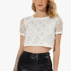 Allegra K Women's Sequin Shiny Glitter Crop Top Christmas Short Sleeves Sexy